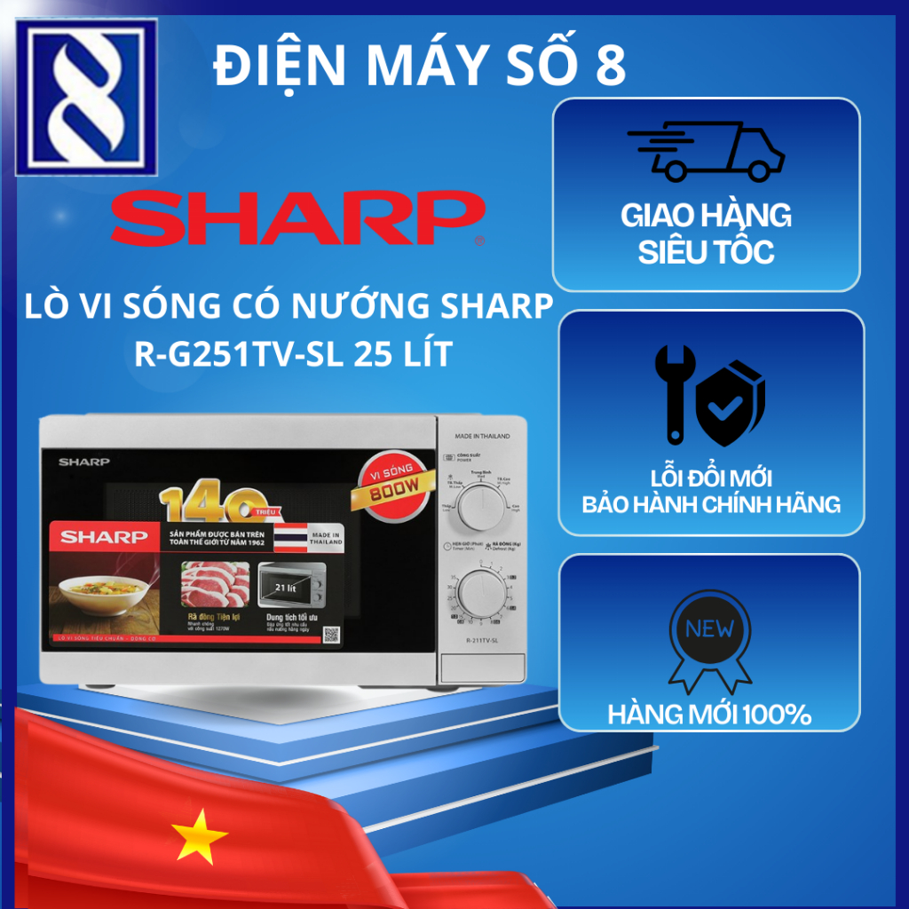 Điện Máy Số 8 | R-G251TV-SL | Lò vi sóng có nướng Sharp R-G251TV-SL 25 lít - Chính Hãng