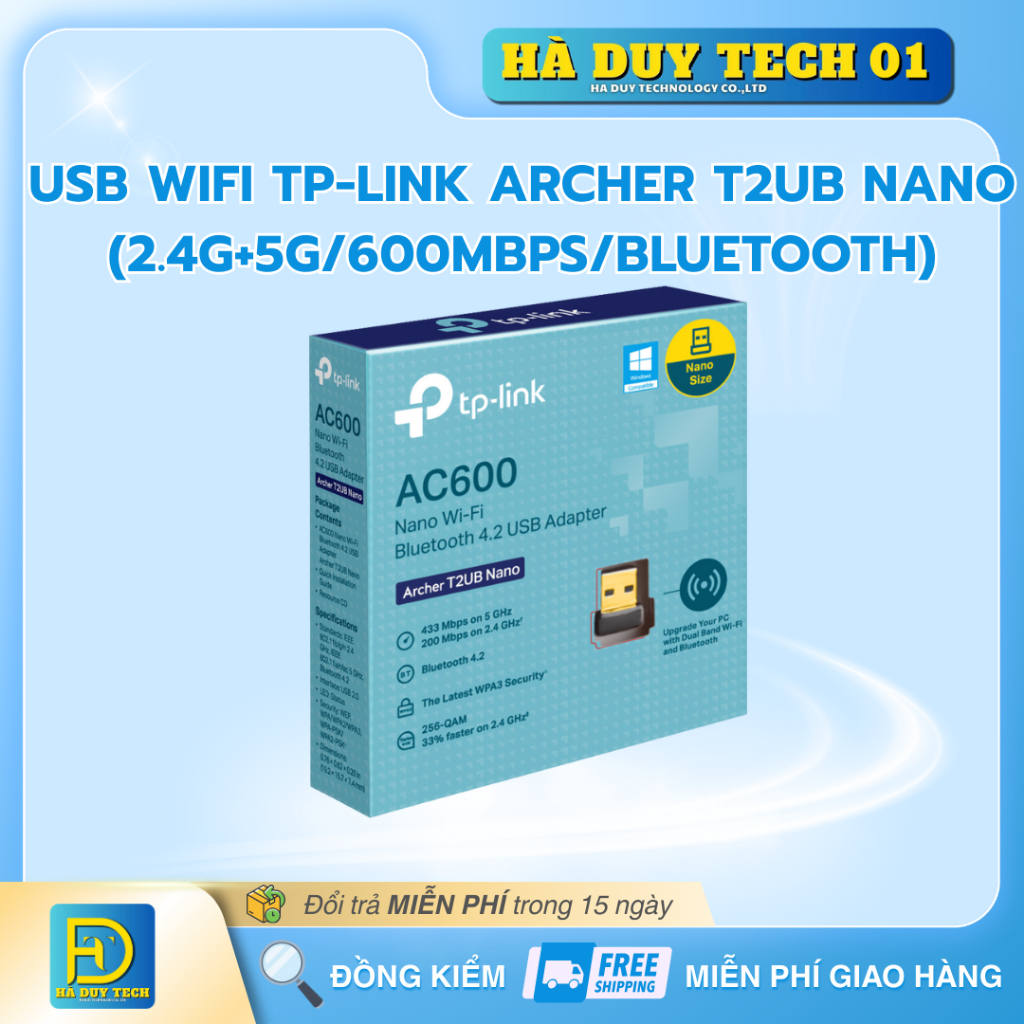 USB WIFI TP-LINK ARCHER T2UB NANO (2.4G+5G/600Mbps/Bluetooth)-Cam Kết Chính Hãng-BH 12T-Ha Duy Tech
