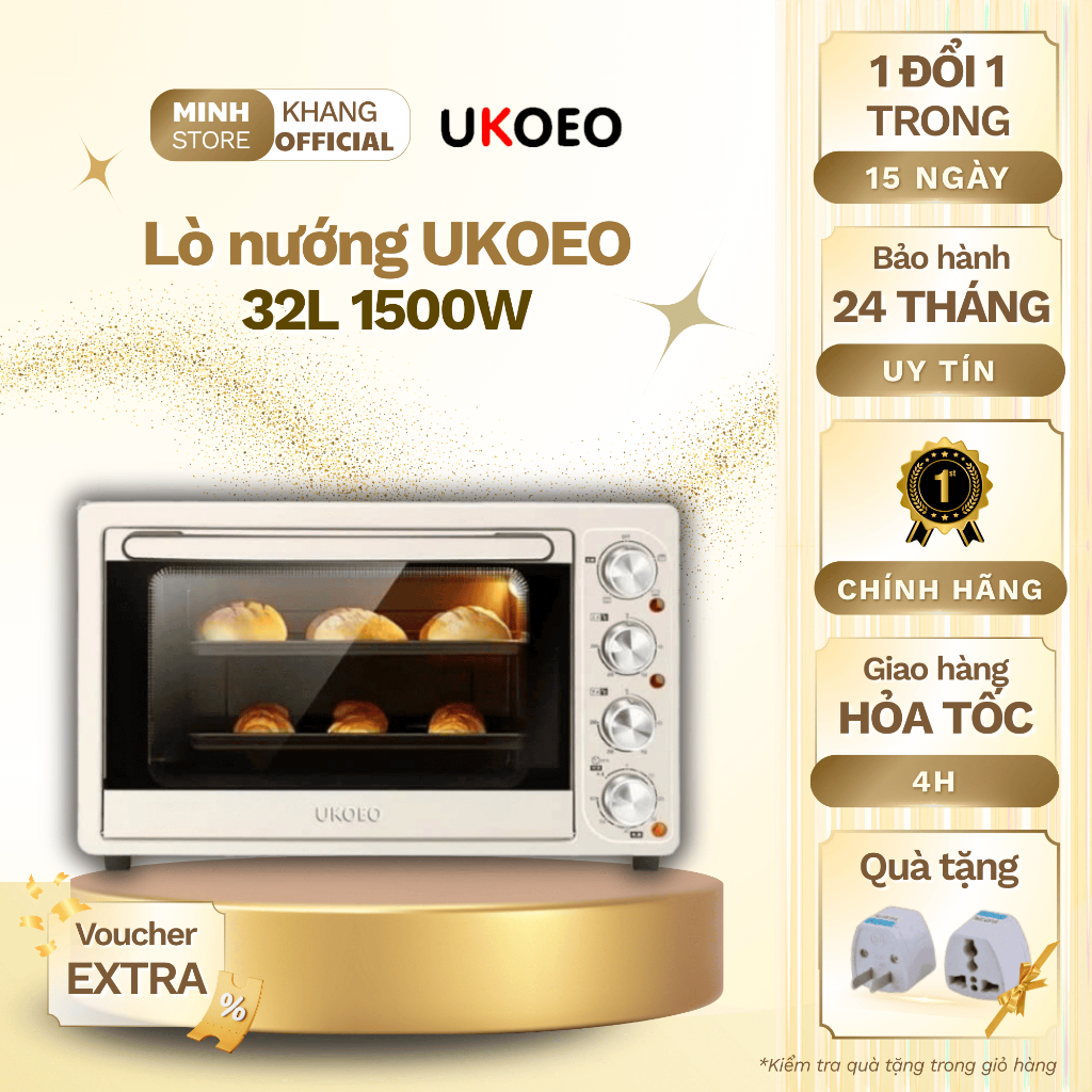 Lò Nướng UKOEO Dung Tích 32L Màu Kem Công Suất Lớn 1500W - 32 Lít Nướng Bánh Nướng Thịt BH 24 Tháng