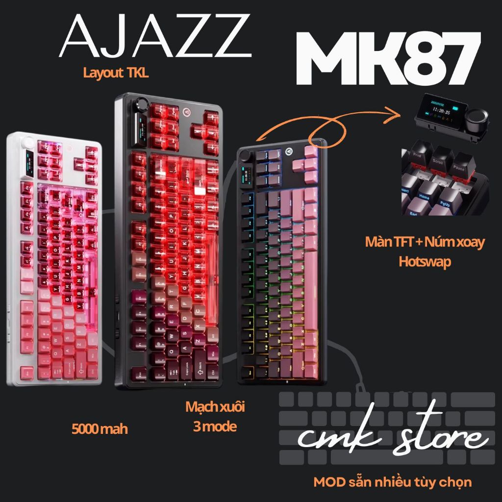 Bàn Phím Cơ TKL - AJAZZ MK87 - Màn Hình + Núm Xoay Hotswap Thành Switch - Led Viền