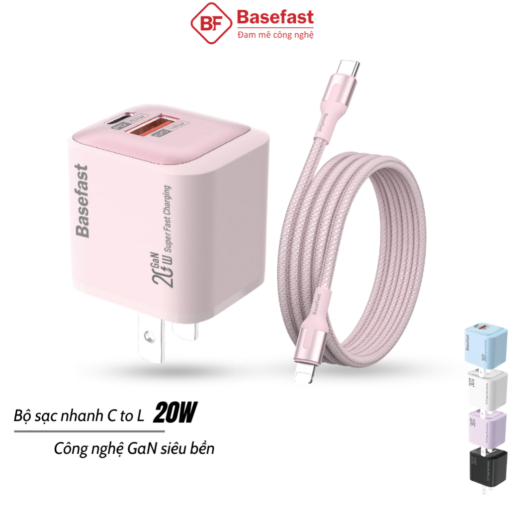 Combo bộ sạc nhanh 20W Basefast củ Gan kèm dây dù siêu bền cho Phone xr xs 11 12 13 14 Pro max