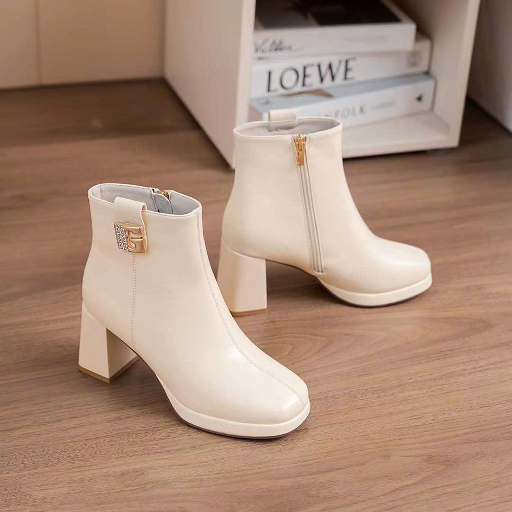 Boot Nữ Thấp Cổ Gót Trụ Đế Đúp Cao 8cm 2 màu đen và kem - HT.NeO.6033