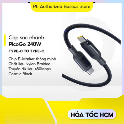 Cáp Sạc Nhanh Baseus PicoGo 240W Type-C To Type-C (Nylon Braided Cable) 2M - Màu đen