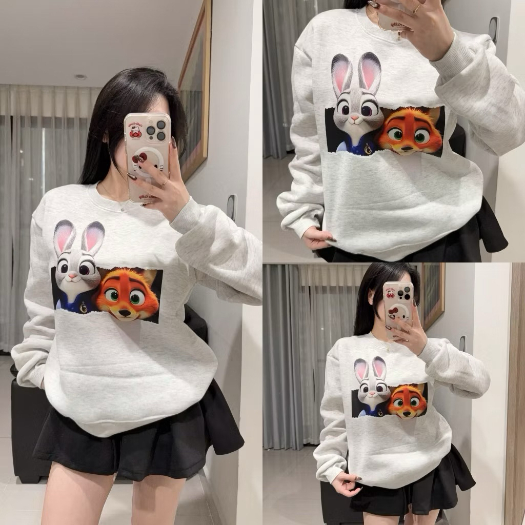 Áo nỉ cổ tròn chất nỉ tàu cao cấp - thỏ và cáo