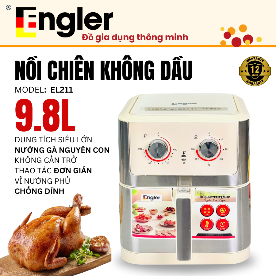 Nồi chiên không dầu Engler EL221 dung tích 9.8L công suất 1800W chiên nướng đa năng bảo hành 2 năm