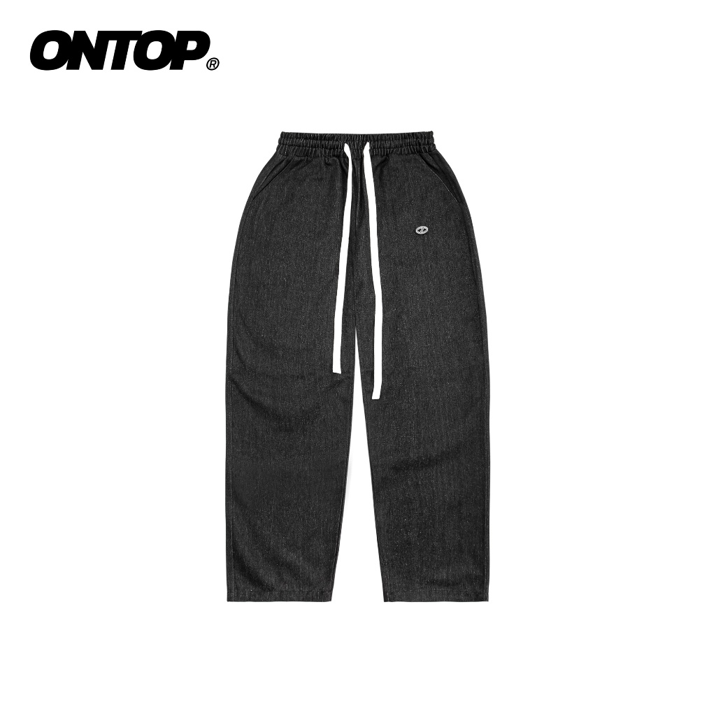 Quần jeans ống suông nam nữ ONTOP tag su dây rút bo chun màu đen local brand | O-Q2