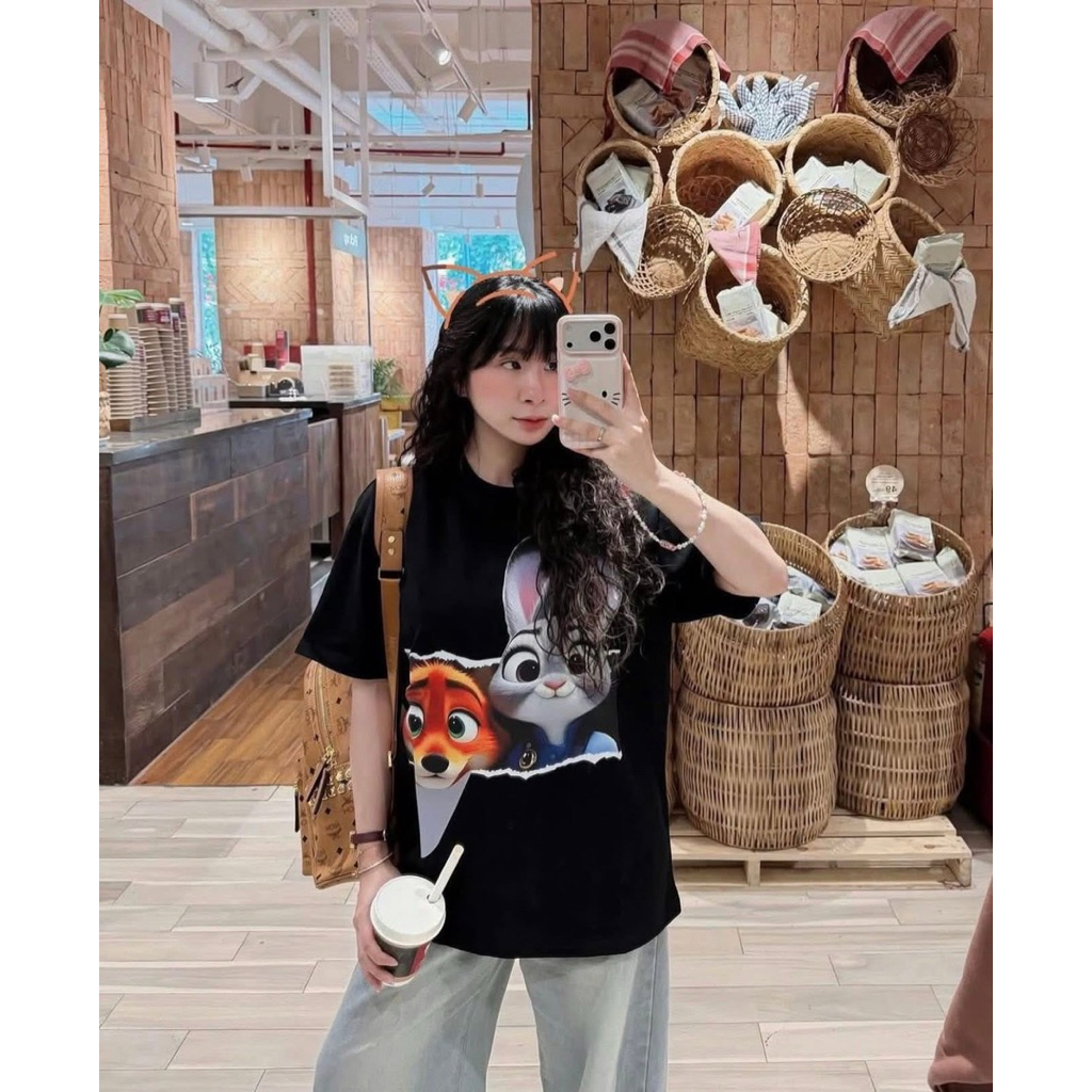 Áo thun chất cotton khô 3158 form rộng tay lỡ - thỏ và cáo