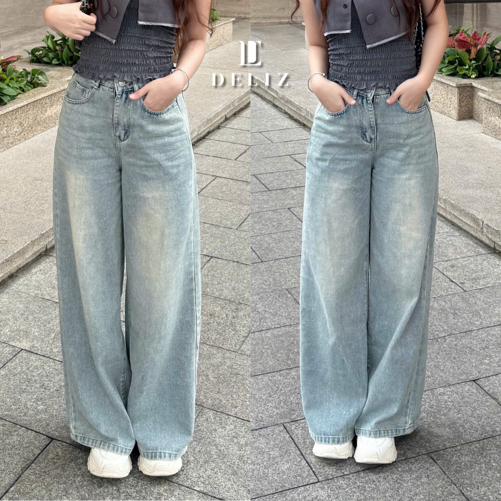 DELIZ - Quần jean nữ ống rộng cạp cao chất liệu jean denim mềm tôn dáng J412 DELIZ | BigBuy360 - bigbuy360.vn