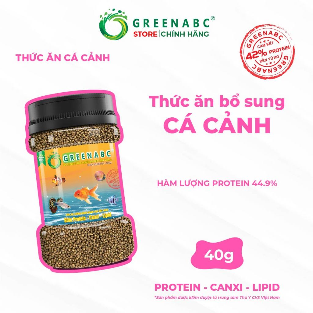Cám cá bổ sung các loại cá cảnh nhỏ GREENABC - Độ đạm 40, tăng size, tăng màu. Hộp 40g