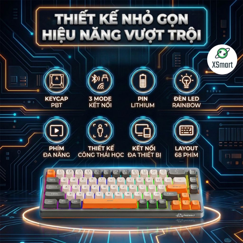 Bộ Bàn Phím Và Chuột Bluetooth FreeWolf M68 LED Pro Gõ Siêu Êm Pin Sạc Keycap PBT Cho Pc Lap | BigBuy360 - bigbuy360.vn