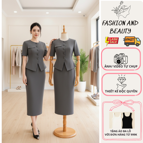 VT24246 -Sét Đồ Công Sở Nữ Cao Cấp - Áo Vest Tay Ngắn + Chân Váy Dài Xẻ Tà Sang Trọng