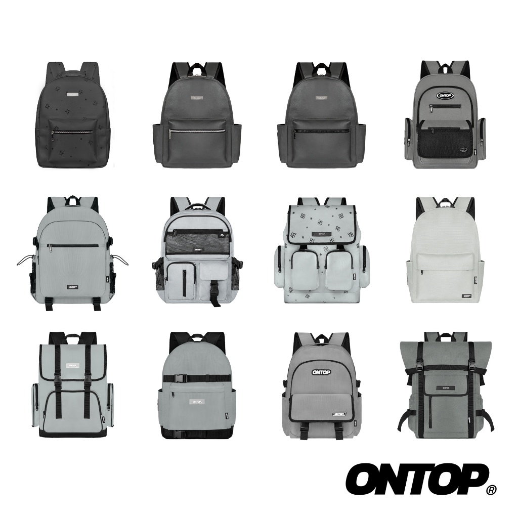 Balo màu xám da trơn và canvas ONTOP đứng form nhiều ngăn, balo du lịch và đi học tiện lợi