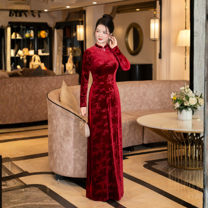 Áo Dài Nhung Trung Niên Cao Cấp LYBEE LV002 Co Giãn, Sang Trọng Tặng Mẹ Đi Tiệc, Sui Gia(k kèm quần)