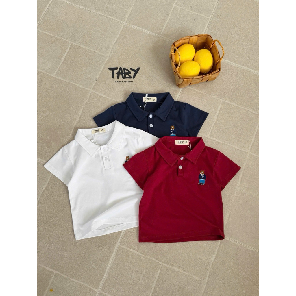 TB76 Áo polo thêu gấu cộc tay Taby Kids, chất liệu cotton tc mềm mại co giãn nhẹ cho bé 8-27kg