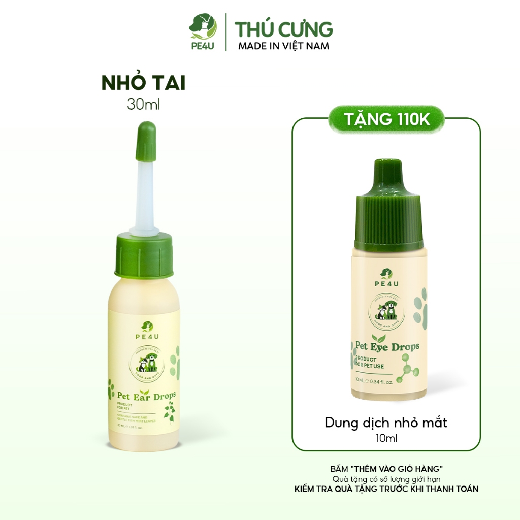 Dung Dịch Nhỏ Tai Cho Chó Mèo PE4U 30ml - Làm Sạch Bụi Bẩn, Ráy Rai, Ve Rận, Ngừa Các Vấn Đề Về Tai