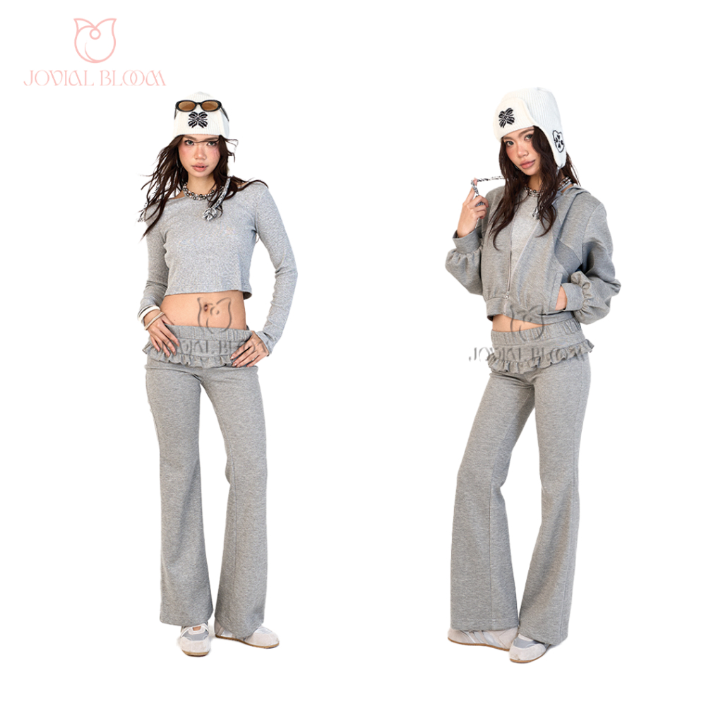 JOVIAL BLOOM Rebet Set set nỉ co giãn xám nhạt hiện đại,  kiểu dáng ôm gọn