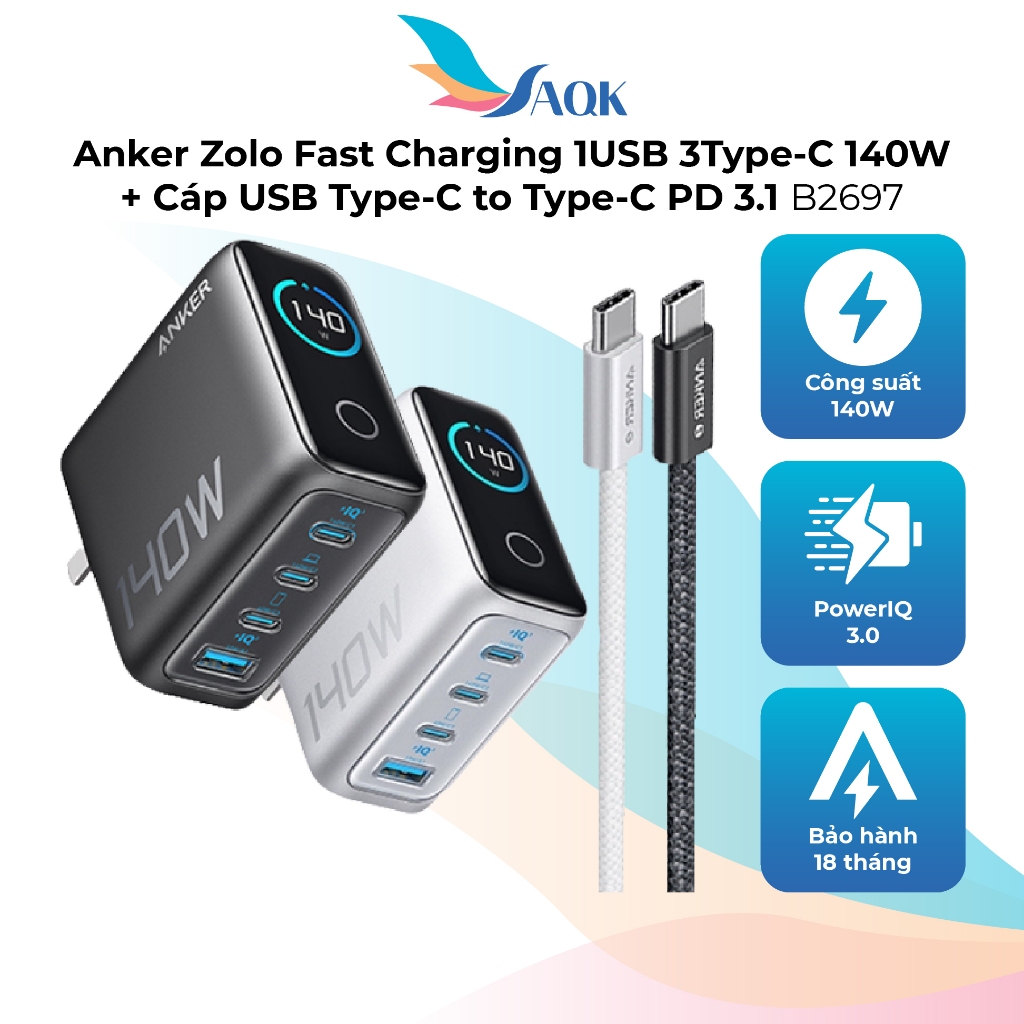 Combo cốc sạc Anker Fast Charging 1USB 3Type-C 140W + Cáp USB Type-C to Type-C PD 3.1 B2697 - Hàng c