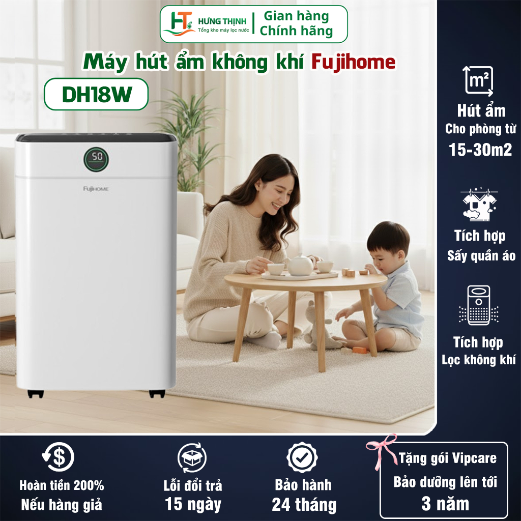Máy hút ẩm Fujihome DH18W HEPA – Hút ẩm 18L/ngày | Lọc không khí HEPA, phòng đến 40m² – Chính hãng H