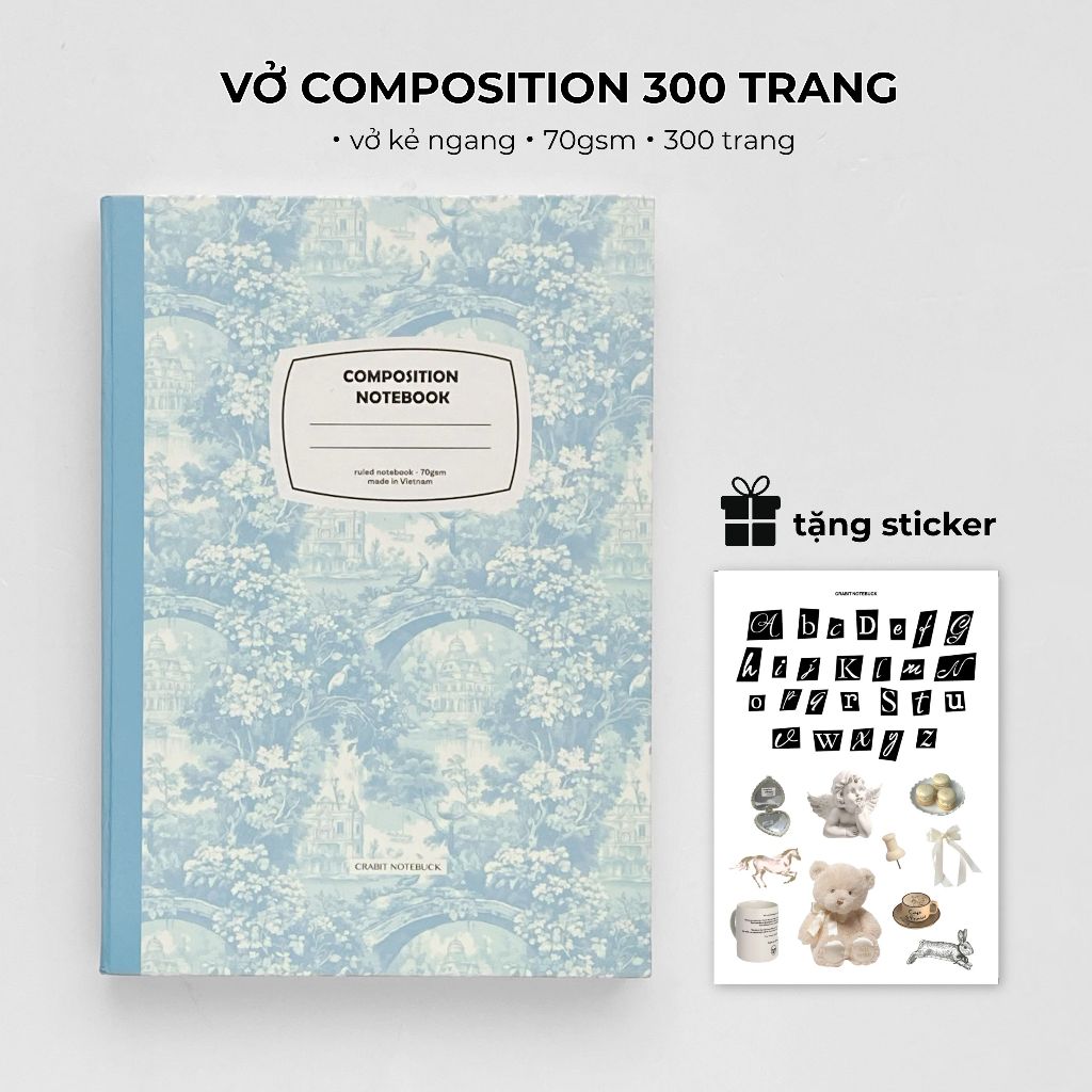 [TẶNG STICKER] Vở 300 trang kẻ ngang bìa cứng Size B5 vở ghi chép vở b5 vở cấp 2 3 vở Crabit Composi