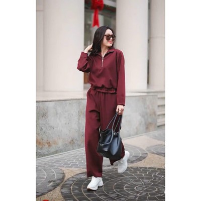 Set Bộ Nỉ Dạ Nữ Áo Quần MY WAY Thu Đông Khóa kéo Bo Gấu Cao Cấp 1MAB14876 1MQB01877 - BE0 /do0