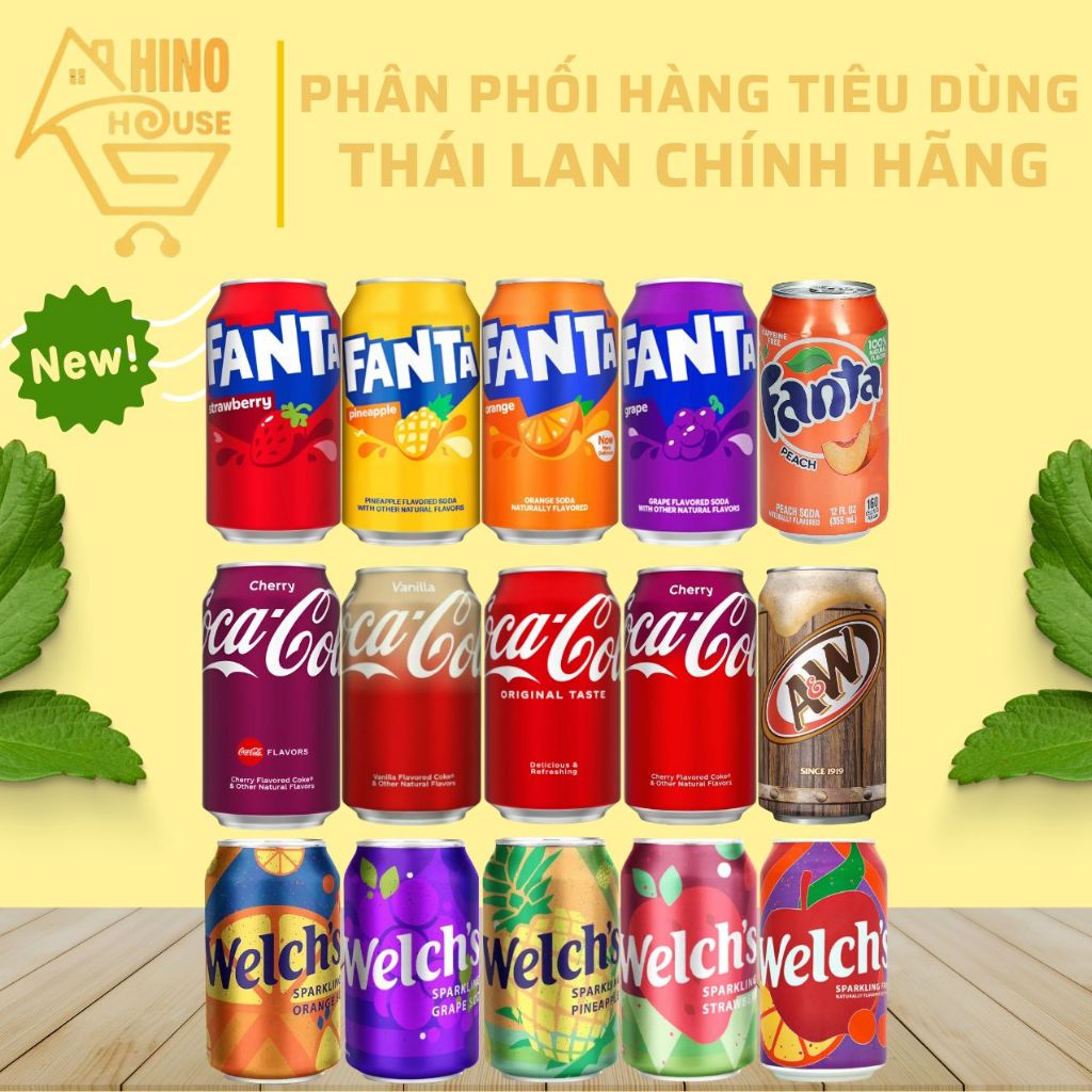 Nước Ngọt Mỹ 355ml (Coca, Fanta, Welch's, A&W) Hương Vị Đặc Trưng, Giải Khát, Sảng Khoái - Hinohouse