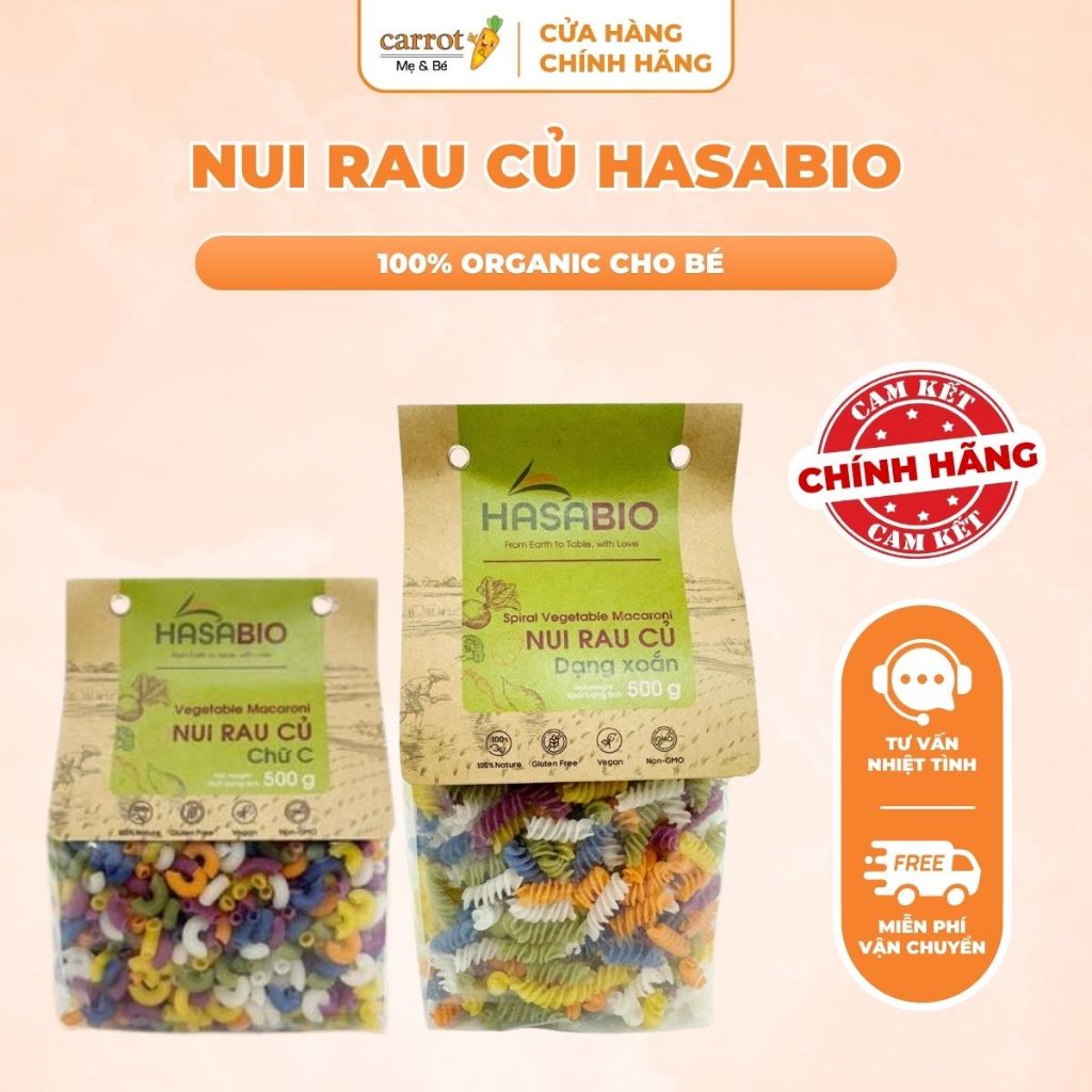 Nui Gạo Rau Củ Hasabio Nui Xoắn, Nui Chữ C 500G