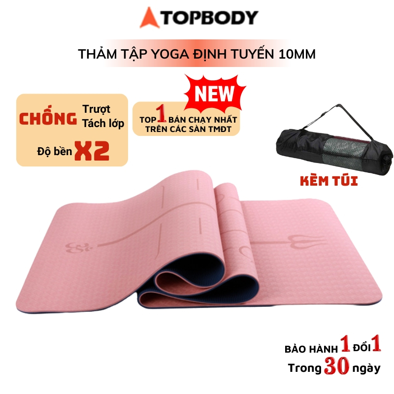 Thảm Tập Yoga Định Tuyến TPE cao cấp đúc nguyên tấm 8mm tặng kèm túi đựng, chống trượt chính hãng TOPBODY