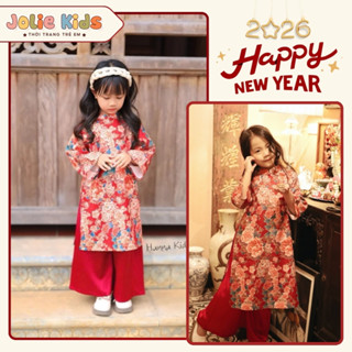   Sale lẻ size  Áo Dài Cách Tân Cho Bé Hình Hoa Trà Xinh Xắn Áo Dài Tết Màu Đỏ May Mắn Chất Lụa Mềm Mịn Thoải Mái 