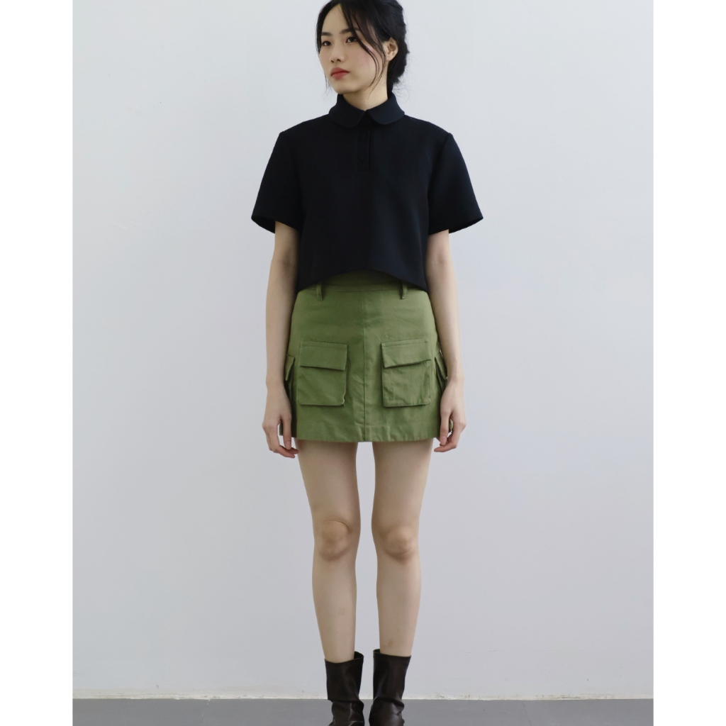 IVORYA - Áo crop-top nữ màu đen tay ngắn - SH9774