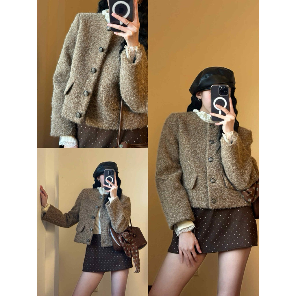 Áo Khoác Dạ Nữ Tweed Bông Xù Dáng Ngắn Cổ Tròn Túi Nắp 3 Màu Nâu,Kem,Đen diện thu đông siêu xinh new 2026 | BigBuy360 - bigbuy360.vn