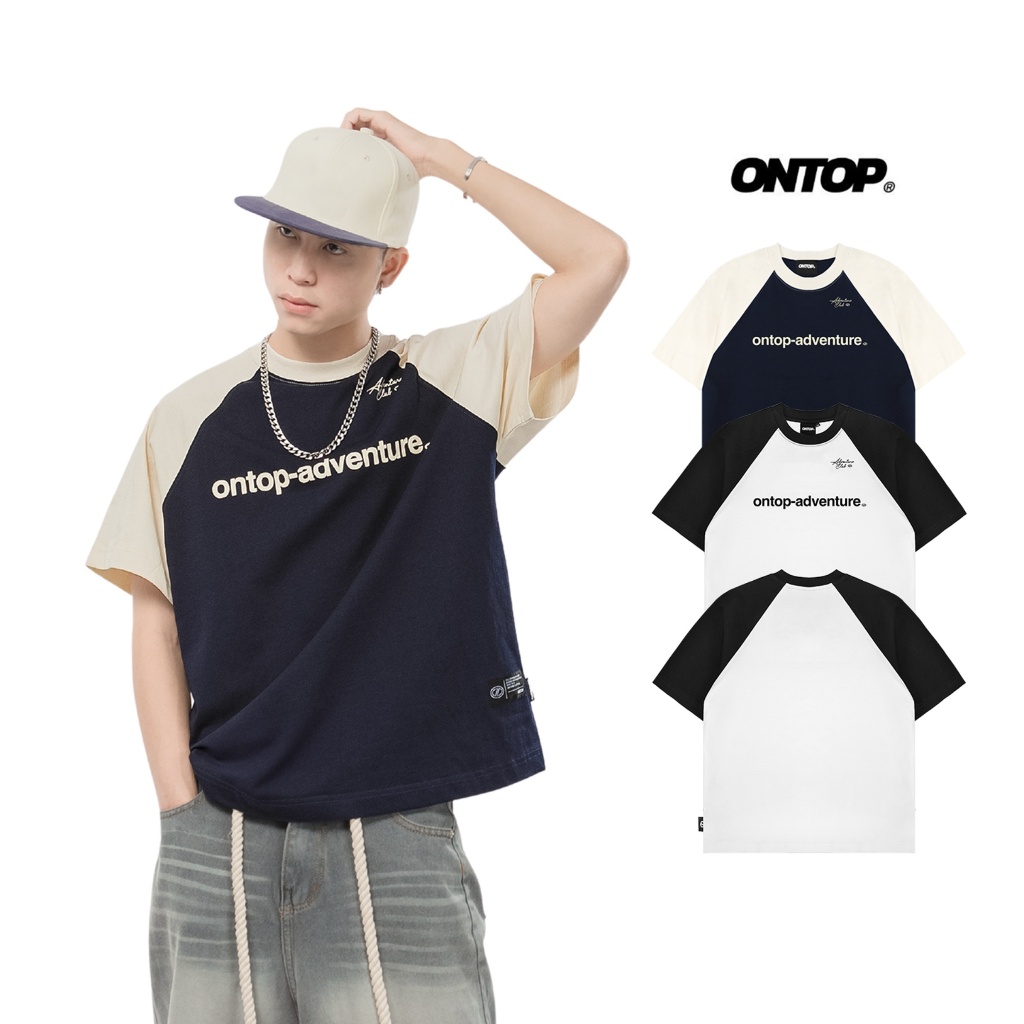 Áo thun raglan phối màu in chữ ONTOP vải cotton thoáng mát màu trắng, xanh đen local brand nam nữ | 