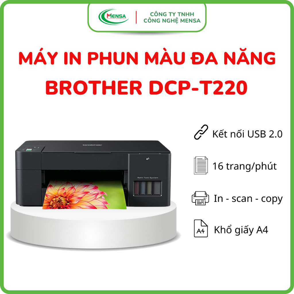 Máy In ảnh, Máy In Phun Màu Đa Năng Brother DCP - T220 - Máy In, Copy, Scan, Kết Nối USB - Chính Hãn