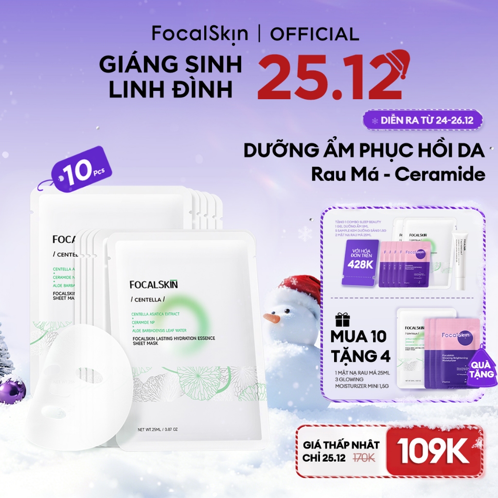 【COMBO 10 MẶT NẠ】FOCALSKIN Mặt Nạ Giấy B5 RAU MÁ 5X Ceramide 5X Cấp Ẩm Phục Hồi Da Tổn Thương 25ml