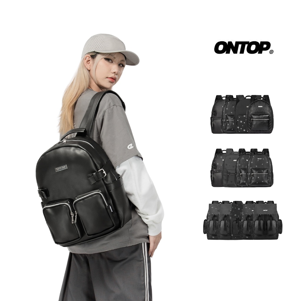 Balo đen chống nước local brand ONTOP họa tiết monogram nhiều ngăn, đựng vừa laptop Level Backpack
