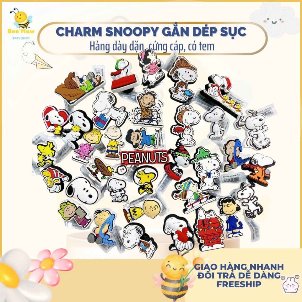 CHARM SNOOPY JIBBITZ gắn dép Cross cho bé, stickers charm họa tiết Snoopy Peanuts gắn dép sục cho bé