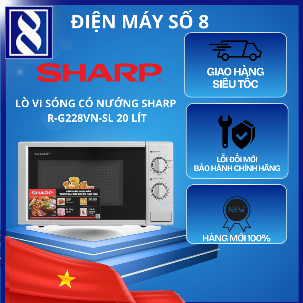 Điện Máy Số 8 | R-G228VN-SL | Lò vi sóng có nướng Sharp R-G228VN-SL 20 lít - Chính Hãng