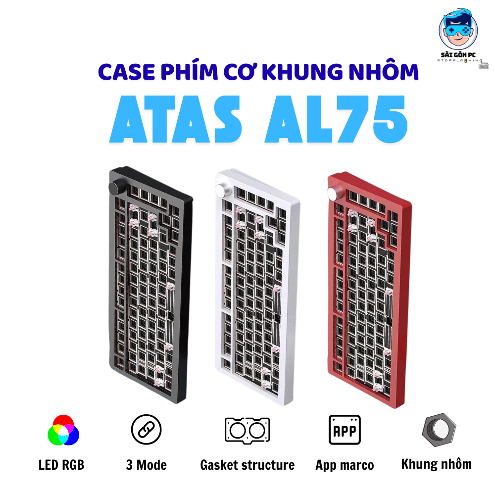 Case bàn phím cơ Atas AL75 V2 Khung nhôm CNC 3 mode kết nối - Led RGB - Pin sạc 4000 mah - Mạch xuôi