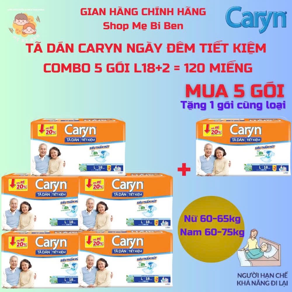 [MUA 5 TẶNG 1= 120 MIẾNG] TÃ BỈM DÁN CARYN TIẾT KIỆM L18+2/ M18+2 cho người già và phụ nữ sau sinh, người sau phẫu thuật