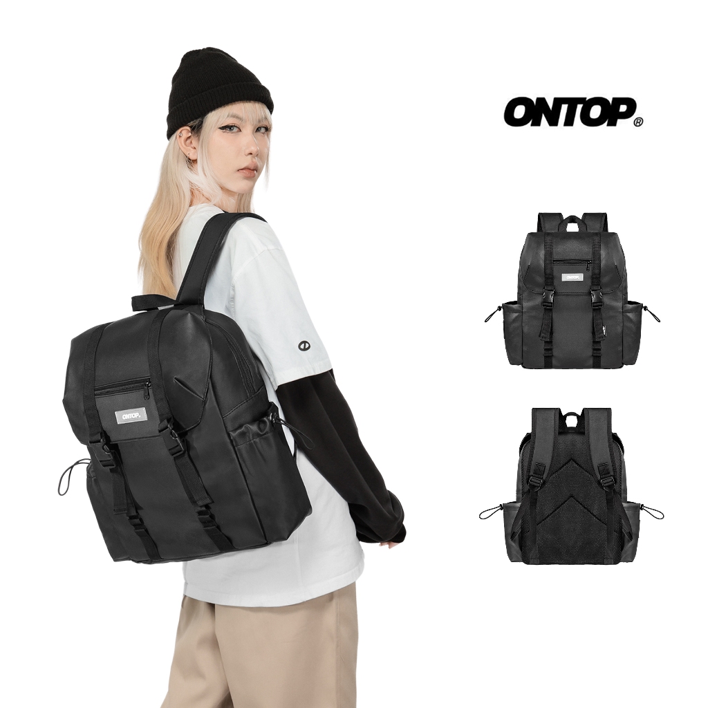Balo nam đi học nắp gập ONTOP vải da màu đen đựng vừa laptop 14 inches local brand Camelia Backpack 