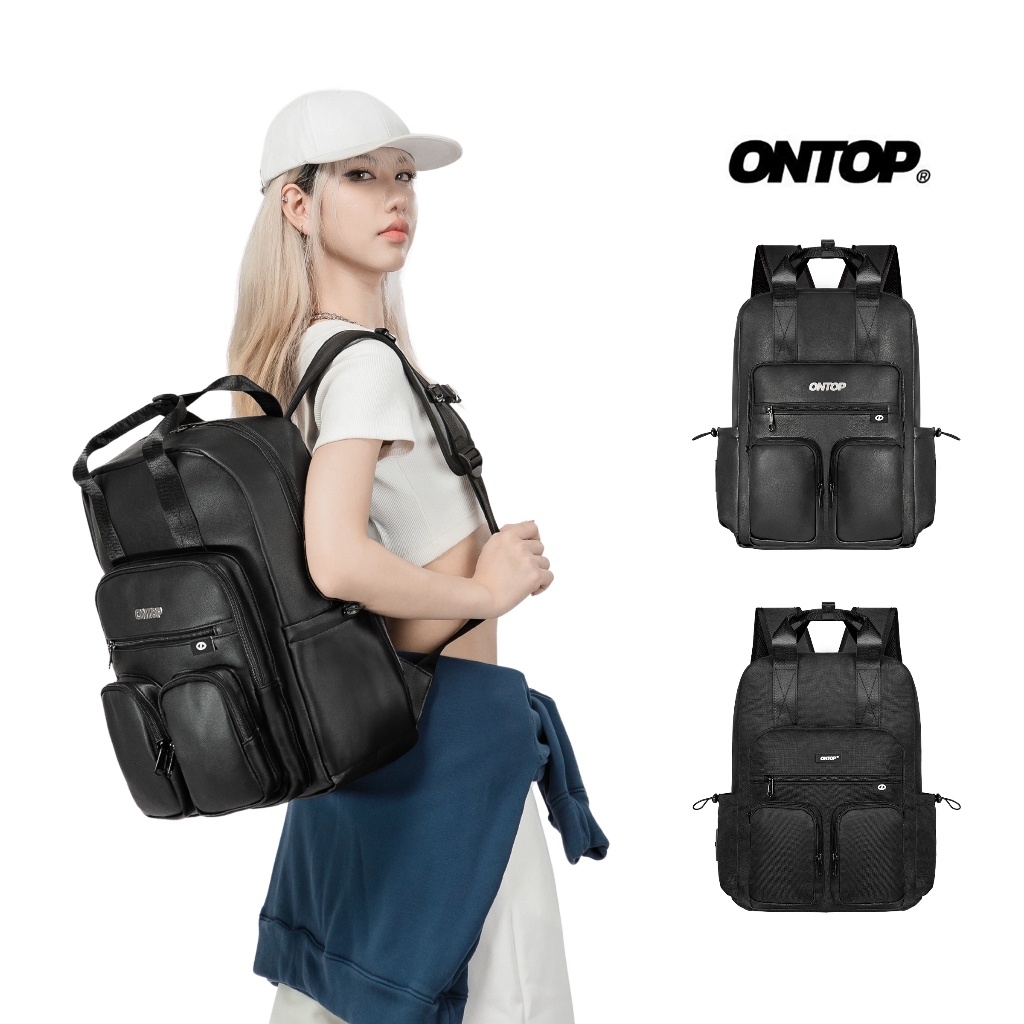 Balo đi học màu đen nam nữ ONTOP nhiều ngăn, vải canvas, da Triple Box Backpack Pos-Pro local brand 
