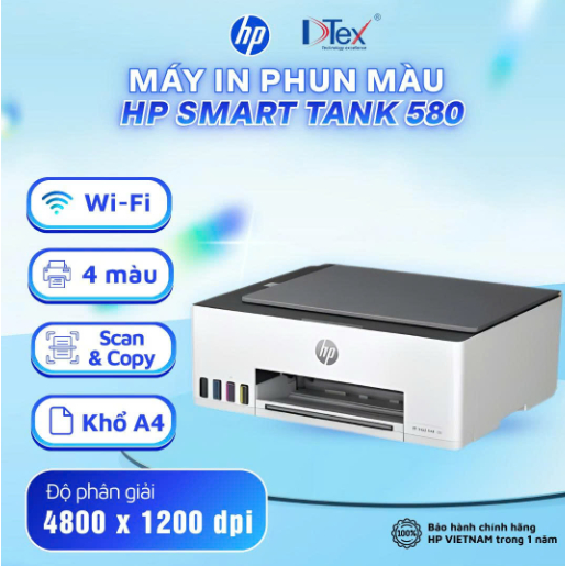 Máy in phun màu đa năng HP Smart Tank 580 All-in-One Printer (1F3Y2A) - Hàng Chính Hãng