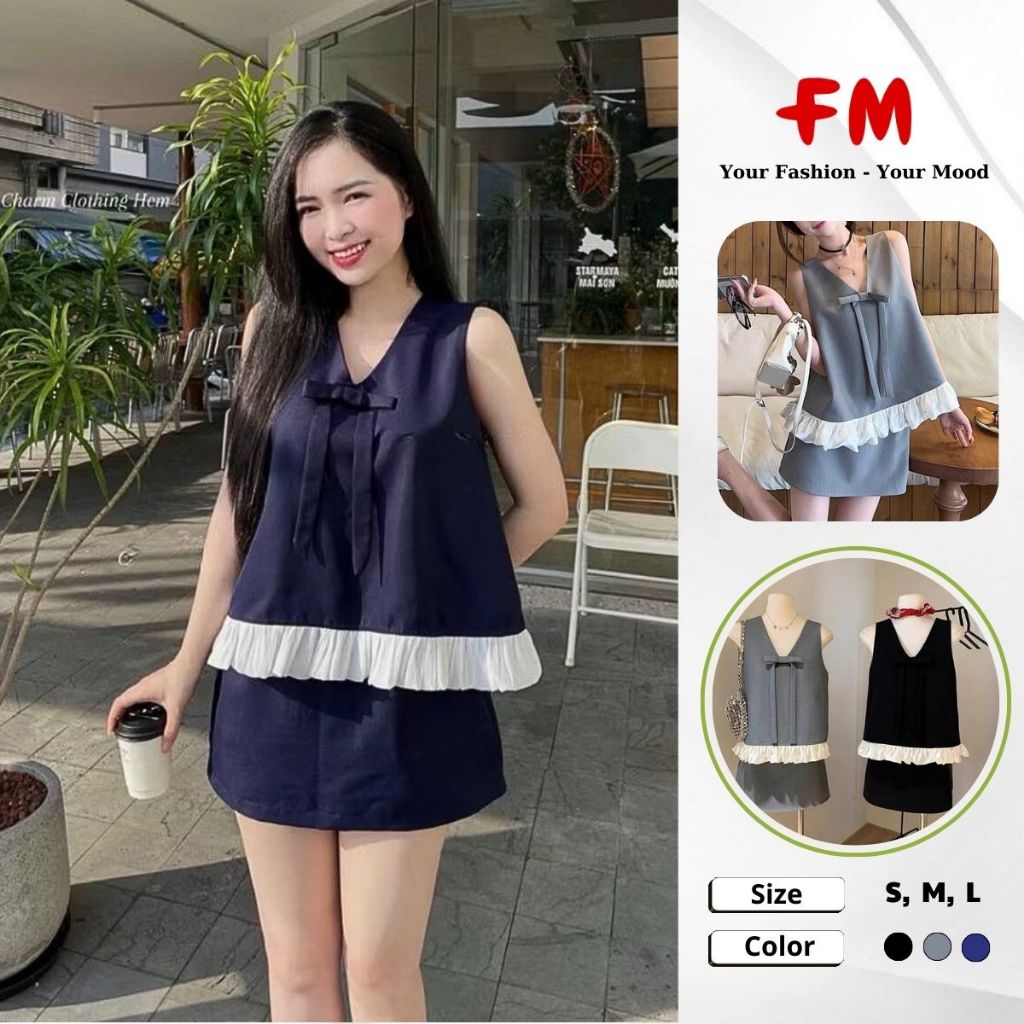 Set Váy Ngắn Nữ FMSTYLE Sát Nách Cổ V Nơ Ngực Dễ Thương Chuẩn Gu Hàn Quốc 25111037