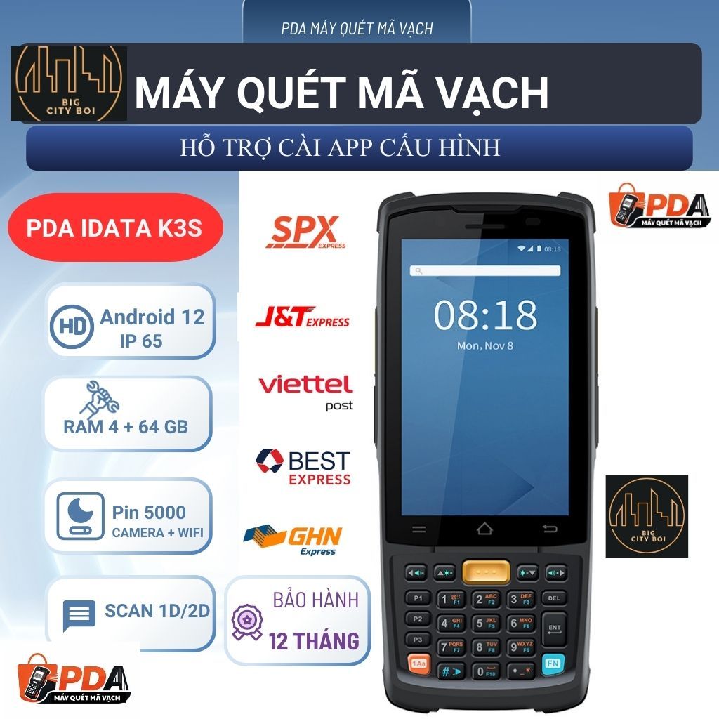 IDATA K3S Máy quét hàng shipper, PDA Máy kiểm kho, Máy quét mã vạch, Scan 1D/2D