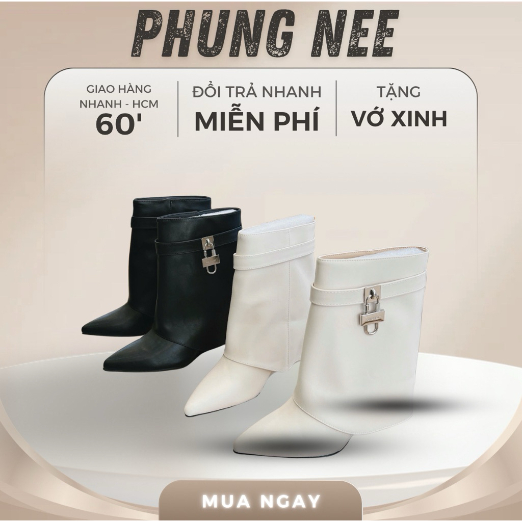 Boot Nữ Cổ Ngắn Bít Gót Đế Vuông 5cm, Giày Boot Nữ Mũi Nhọn Khóa Trang Trí Sang Trọng