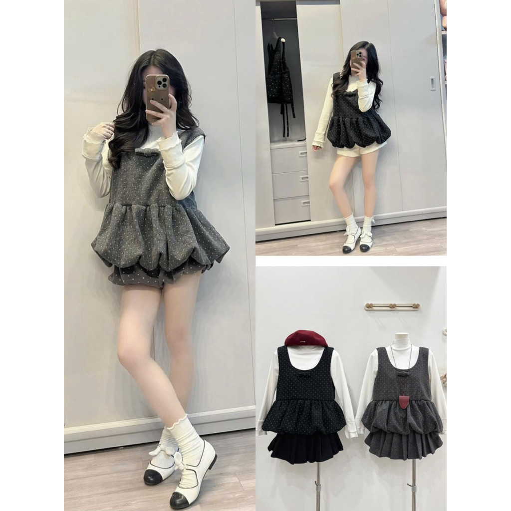 [KO kèm Quần] Set Yếm 2 Chi Tiết Dạ Tweed Chấm Bi Form Bí Phồng Phối Áo Thun Trắng Dài Tay– Style Tiểu Thư Hàn Quốc
