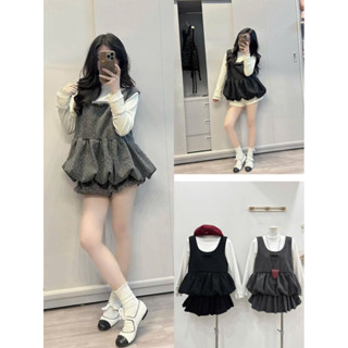   KO kèm Quần  Set Yếm 2 Chi Tiết Dạ Tweed Chấm Bi Form Bí Phồng Phối Áo Thun Trắng Dài Tay– Style Tiểu Thư Hàn Quốc 