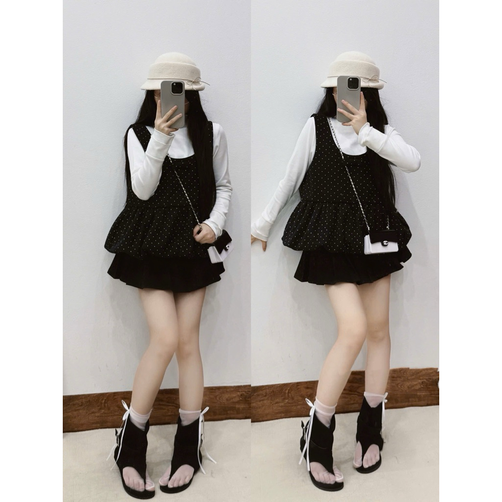 [KO kèm Quần] Set Yếm 2 Chi Tiết Dạ Tweed Chấm Bi Form Bí Phồng Phối Áo Thun Trắng Dài Tay– Style Tiểu Thư Hàn Quốc | BigBuy360 - bigbuy360.vn