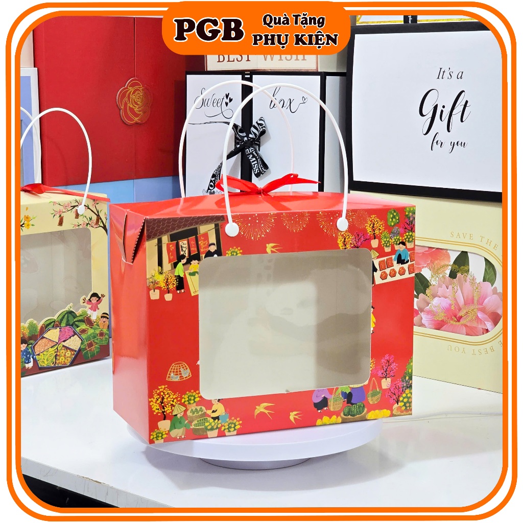 Combo 20- MS Hộp Q7 Kraft, Đỏ, TẾT- Hộp giấy đựng Quà Tết bánh mứt ,Thực phẩm – khô gà, 2 hủ nhựa 1,