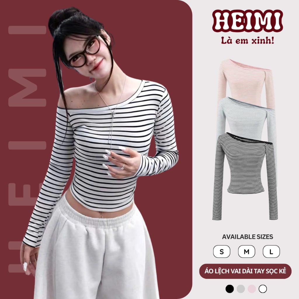 Áo Thun Lệch Vai Dài Tay Họa Tiết Kẻ Sọc Form Ôm Body Basic HEIMI | BigBuy360 - bigbuy360.vn