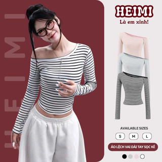  Áo Thun Lệch Vai Dài Tay Họa Tiết Kẻ Sọc Form Ôm Body Basic HEIMI 